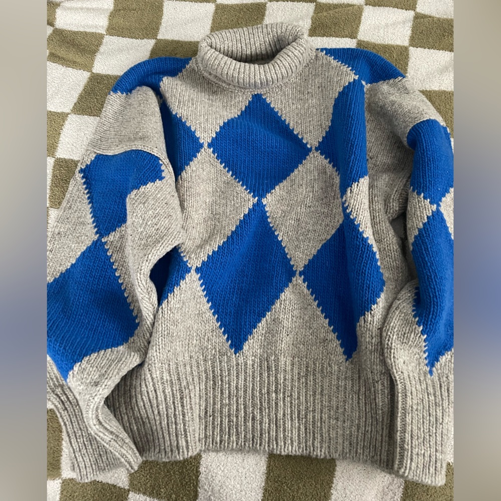 Babaa Women’s Jumper No17 Wool Turtleneck Sweater Dawn Grey Blue Diamond